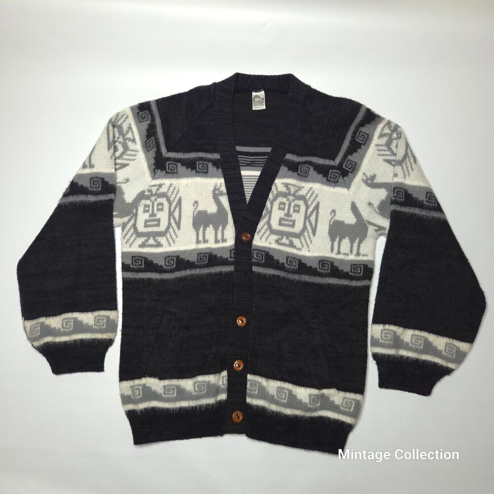 VINTAGE INCA ARTESANIAS WOVEN KNIT WOOL CARDIGAN SWEATSHIRT MADE IN ECUADOR